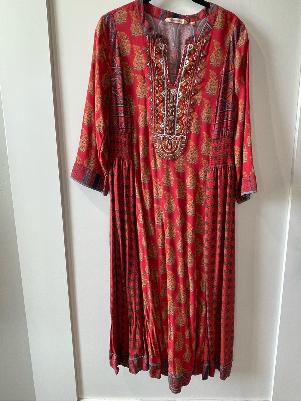 Women's Soft Surroundings Phoenix Red Boho Paisley Beaded Dress Size Small